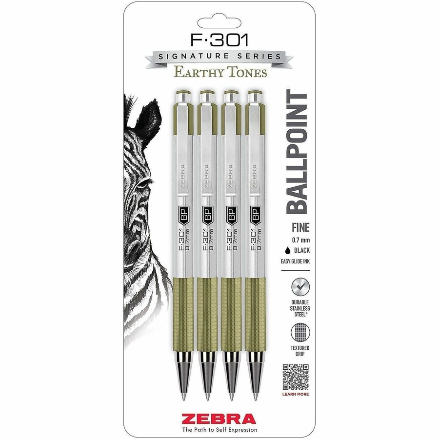 Zebra Pen F-301 EarthyTones Retractable Ballpoint Pens - Refillable - Retractable - Black Ink - Sage Stainless Steel Barrel - School, Journaling, Writing - 4 / Pack