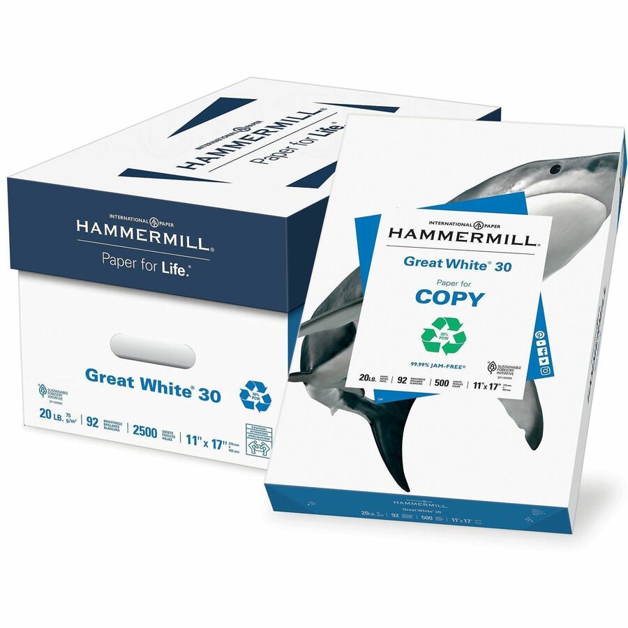 Hammermill Great White 30 Copy Paper - 92 Brightness - 88 Opacity - 11" x 17" - 20 lb Basis Weight - 75 g/m², Grammage - Sustainable Forestry Initiative (SFI) - Acid-free, Jam-free - White - 500 - 5 / Carton