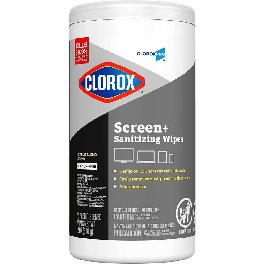 CloroxPro Screen+ Sanitizing Wipes - For Screen, Tablet, Notebook, Mobile Phone, Keyboard, TV, Computer, Monitor, Electronic Equipment - Non-abrasive, Bleach-free, Anti-bacterial, Dust Resistant, Grime Resistant, Fingerprint Resistant, Quick Drying, No...