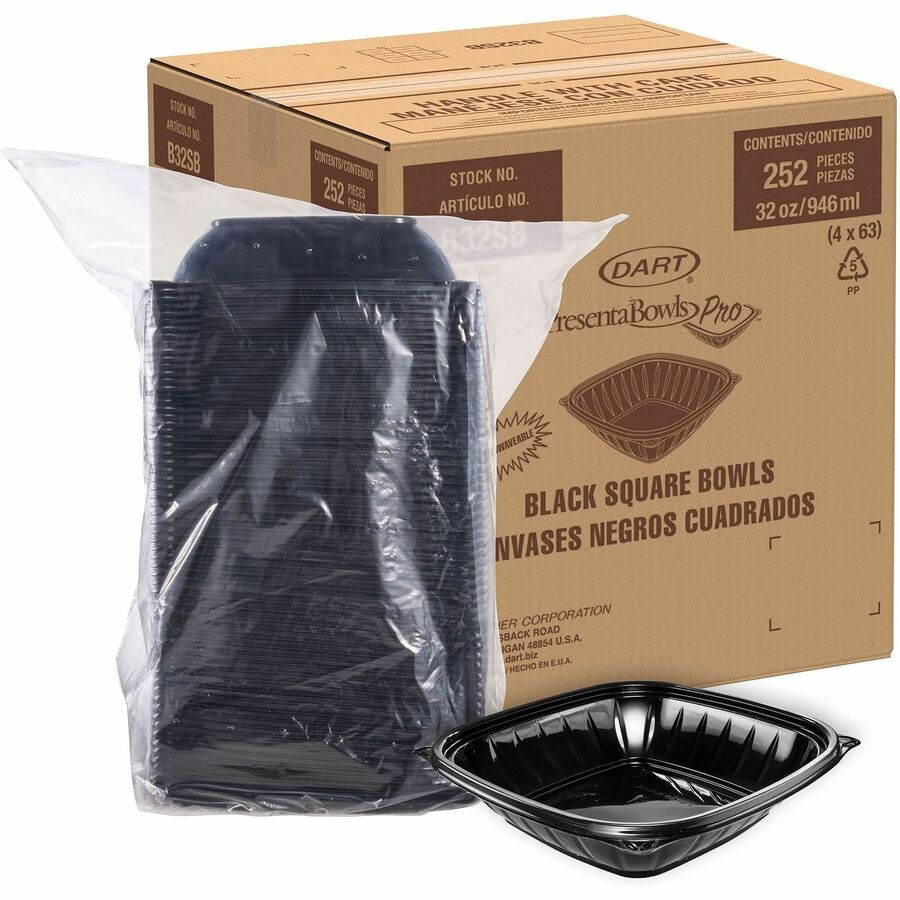 Dart 32oz Polypropylene Food Bowls - Food - Microwave Safe - Black - Polypropylene, Plastic Body - 4 / Carton