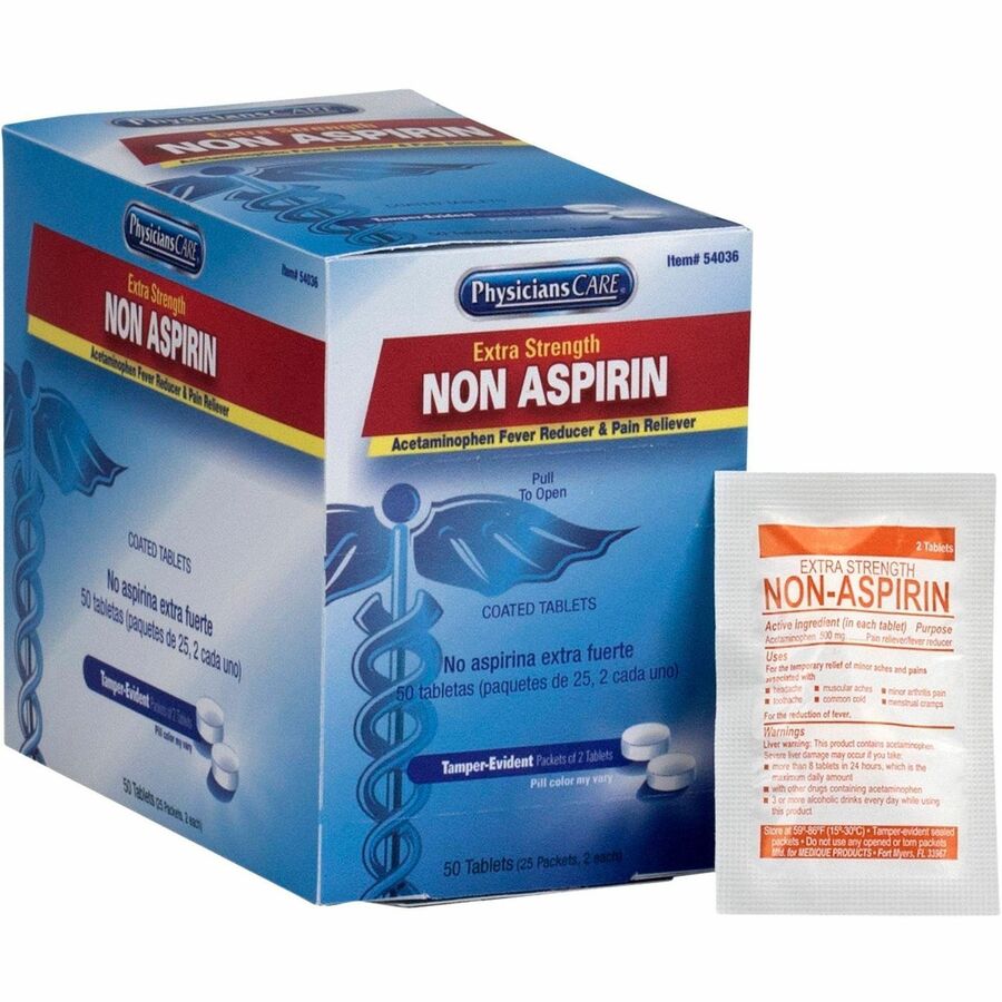 PhysiciansCare ExtraStrength Acetaminophen Tablets - For Headache, Pain, Arthritis, Common Cold, Menstrual Cramp - 2 Tablets/Packet - 50 / Box