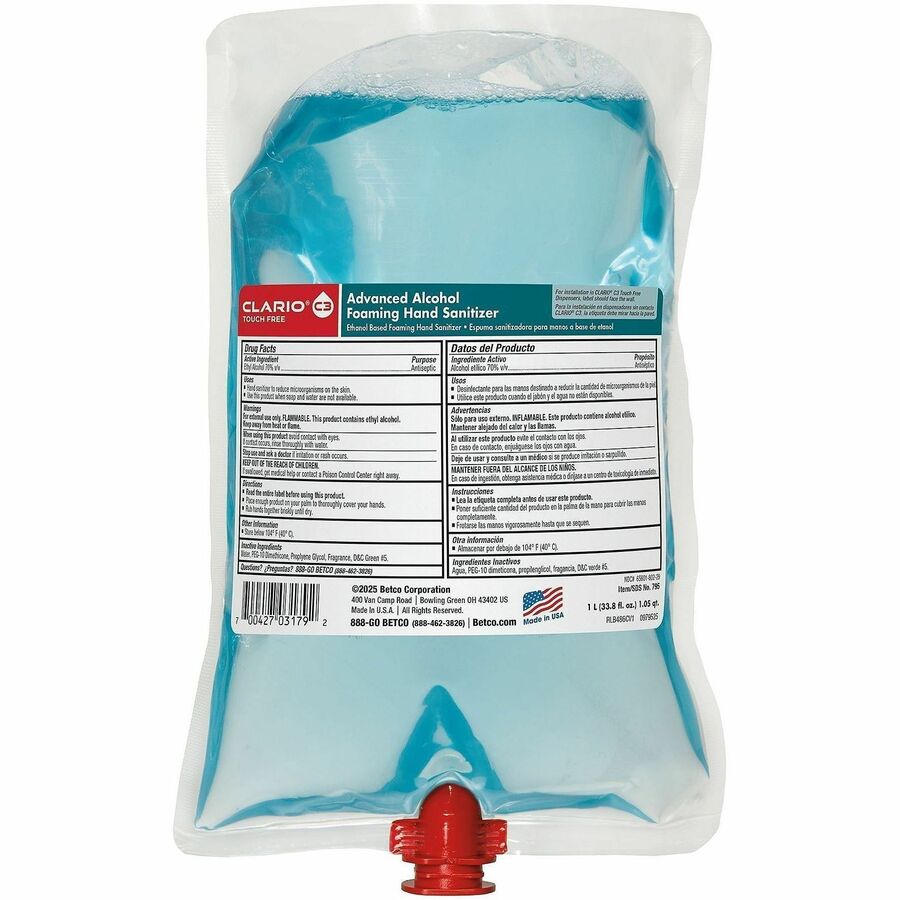 Betco Advanced Hand Sanitizer Foam Refill - Citrus Scent - 1.06 quart - Kill Germs - Hand, Skin - Moisturizing - Light Blue - Non-sticky, Residue-free, Non-drying, Anti-irritant - 6 / Carton