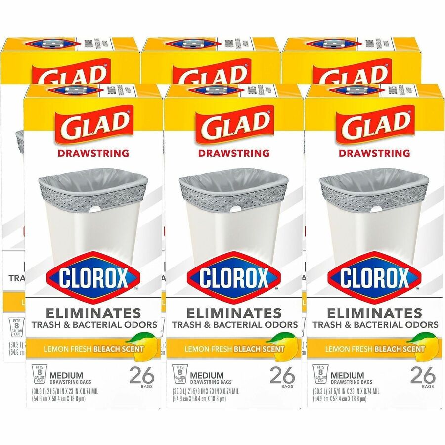 Glad Medium Drawstring Trash Bags with Clorox - Lemon Fresh Bleach - Medium Size - 8 gal Capacity - Drawstring Closure - White - Garbage, Can, Bathroom, Kitchen - 26/Box - 6 / Carton