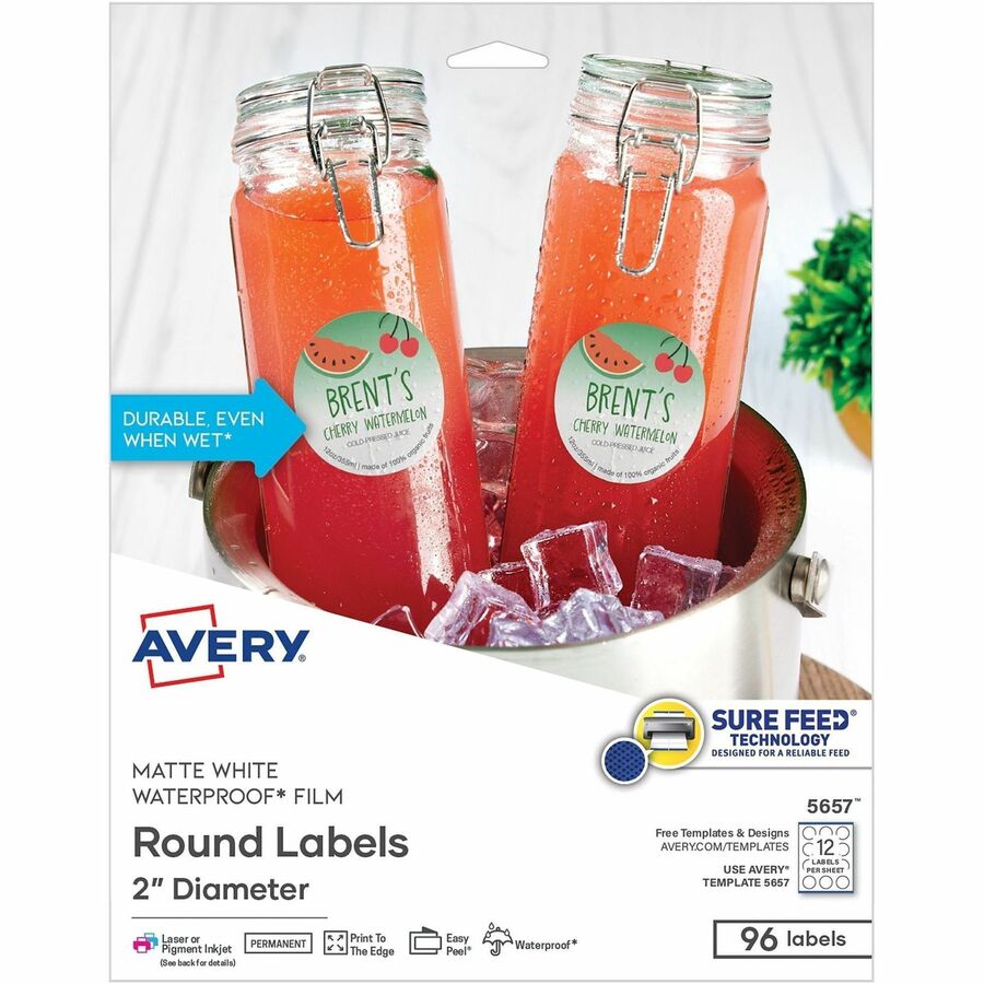 Avery 2" Waterproof Round Labels - Waterproof - x 2" Diameter - Round - Inkjet, Laser - White Matte - Polyester Film - 12 / Sheet - 96 / Pack