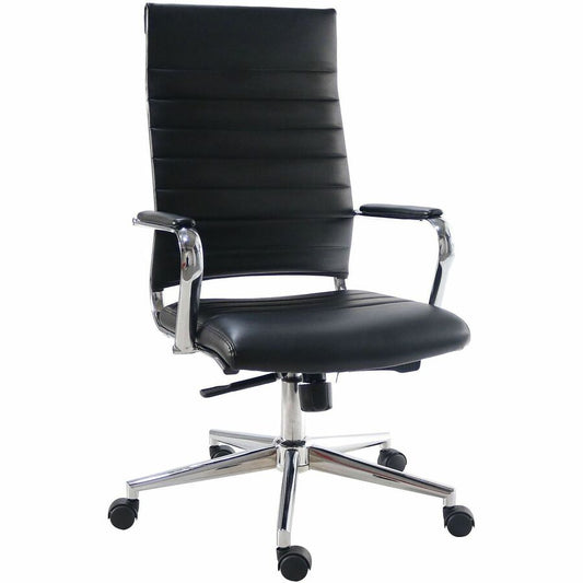Lorell Tempo Modern High-Back Executive Chair - Chrome Frame Material - High Back - Black - Leather, Chrome - Armrest - 1 Each