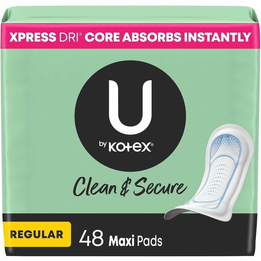 U by Kotex Clean & Secure Maxi Pads - Maxi - Regular Absorbency, Anti-leak, Chlorine-free, Fragrance-free, Hypoallergenic, Pesticide-free, Latex-free - 48 / Pack