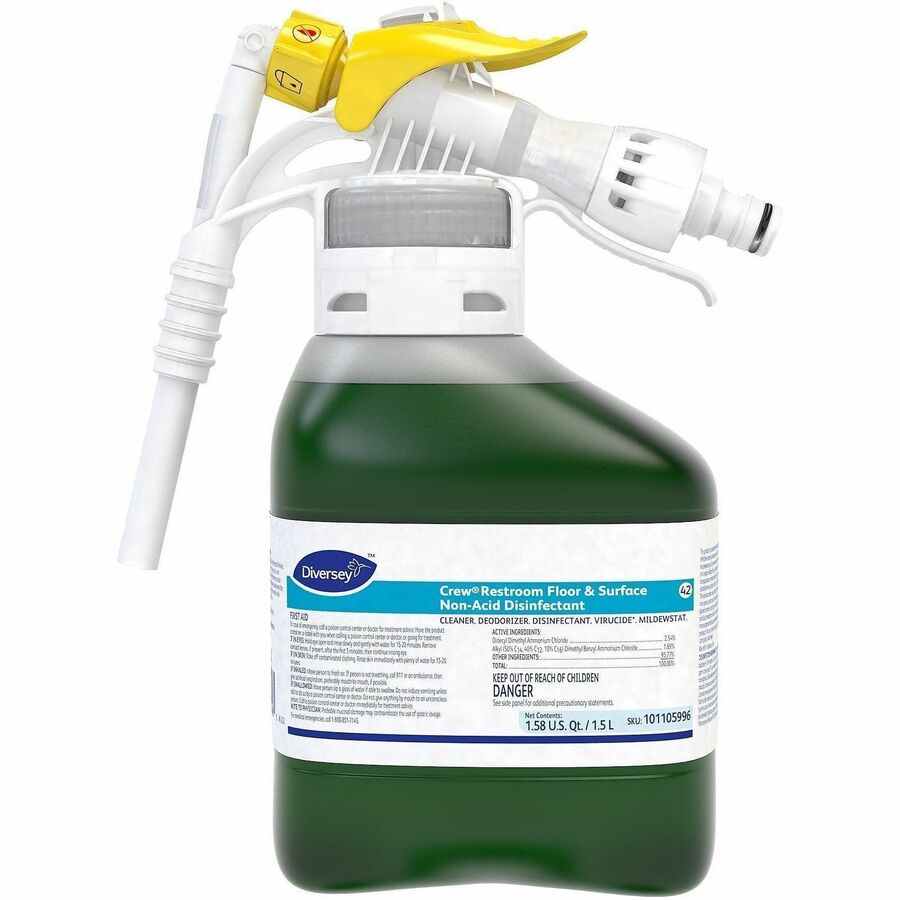 Diversey Crew Restroom Floor & Surface Non-Acid Disinfectant - For Multi Surface, Multipurpose - Concentrate - Liquid - 50.7 fl oz (1.6 quart) - 6 to 8 pH - Fresh Scent - Deodorize, Disinfectant, Rinse-free, Virucidal, Mildewstatic - Green - 2 / Carton