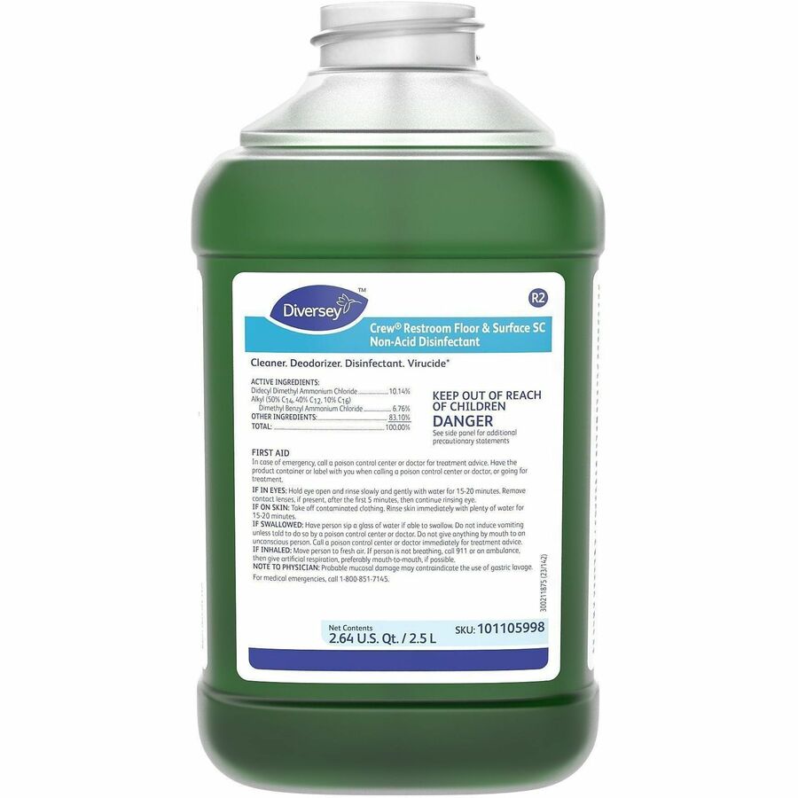 Diversey Crew Restroom Disinfectant Cleaner - For Multi Surface, Multipurpose - Concentrate - Liquid - 84.5 fl oz (2.6 quart) - 6 to 8 pH - Fresh Scent - Recommended For: Virus Remover, Odor Remover - Deodorize, Disinfectant, Rinse-free, Virucidal - Gr...