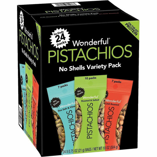 Paramount Farms NoShell Variety - Gluten-free, Non-GMO - Roasted & Salted, Sea Salt & Vinegar, Chili Roasted - 0.75 oz - 24 / Carton