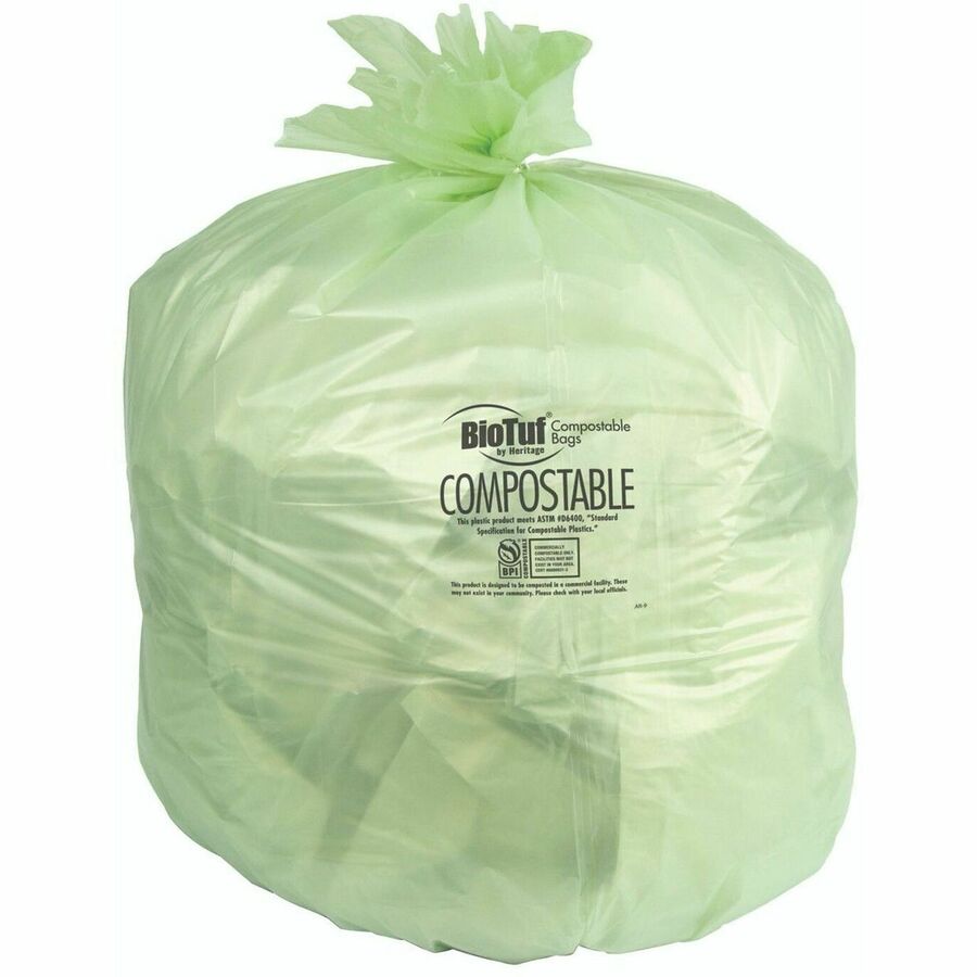 BioTuf Compostable Can Liners - 33 gal Capacity - 39" Length x 33" Width x 0.90 mil (23 Micron) Thickness - High Density - Green - Bioplast, High-density Polyethylene (HDPE) - Can Liner, Food Waste, Garbage - 1 Carton