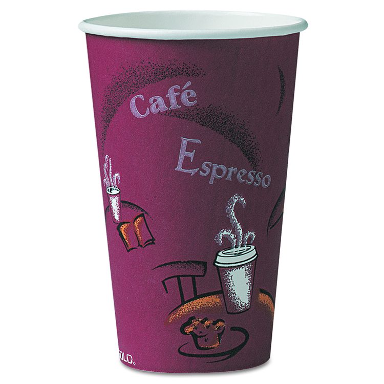 Paper Hot Drink Cups in Bistro Design, 16 oz, Maroon, 300/Carton