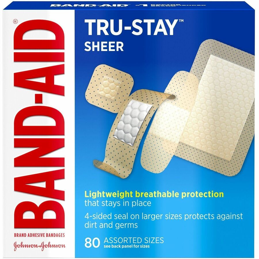 MERCHANDISE BAND-AID Sheer Adhesive Bandages - Assorted Sizes - Blue, Red, White - 80 / Box