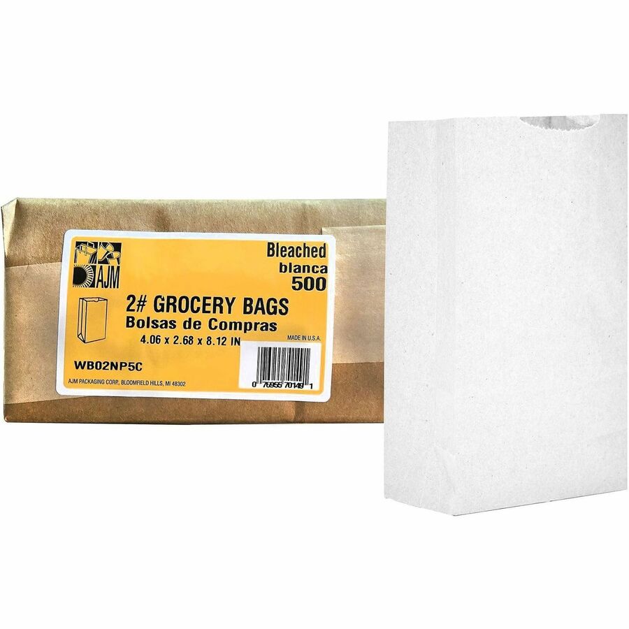 AJM #2 White Paper Grocery Bags - #2 - Bleached Kraft - Paper - Grocery, Supplies - Recycled - 500 / Carton