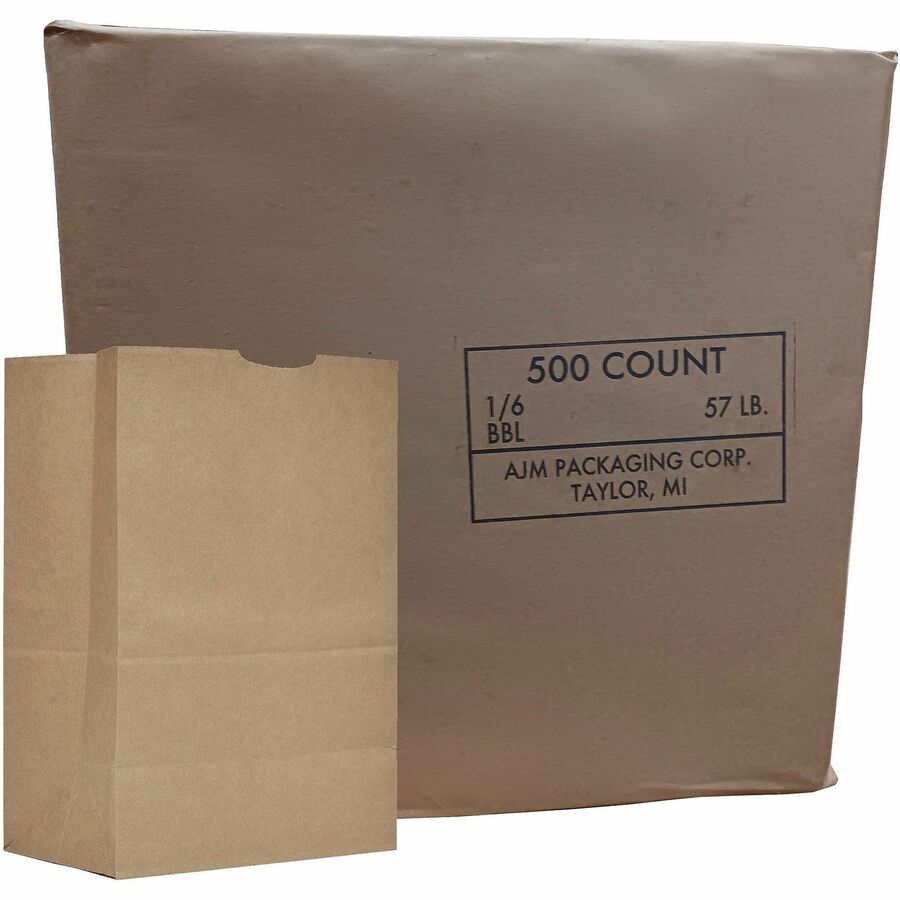 AJM 1/6 BBL #57 Kraft Paper Grocery Sacks - #57 - 6.72 gal Capacity - Kraft - Paper - Foodservice, Grocery, Supplies - 500 / Carton