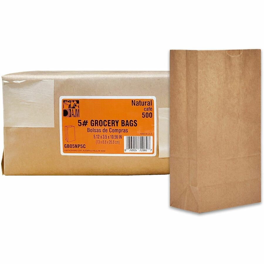 AJM #5 Squat Kraft Paper Grocery Bags - #5 - Natural Kraft - Paper - Grocery, Supplies - Recycled - 500 / Carton