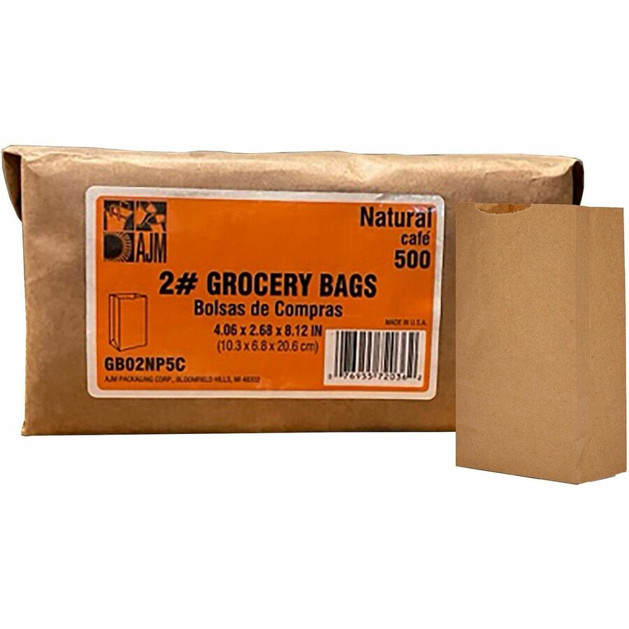 AJM #2 Kraft Paper Grocery Bags - #2 - 2.40" Length x 4.30" Width - Brown - Paper - Grocery, Supplies - Recycled - 500 / Pack