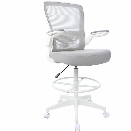 Boss Mesh Flip-Arm Stool - Gray Seat Color - Fabric, Foam Seat Material - Gray Back Color - Mesh Back Material - White Frame Color - 5-star Base - Gray - Mesh, Fabric, Chrome - Armrest - 1 Each