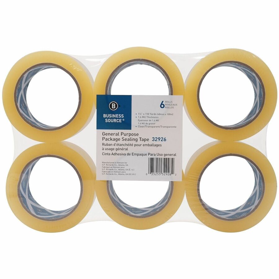 Business Source Heavy-duty Packaging/Sealing Tape - 110 yd Length x 1.87" Width x 1.6 mil Thickness - 3" Core - Clear - Tear Resistant, Split Resistant, Break Resistant - For Packaging, Sealing - 6 / Pack