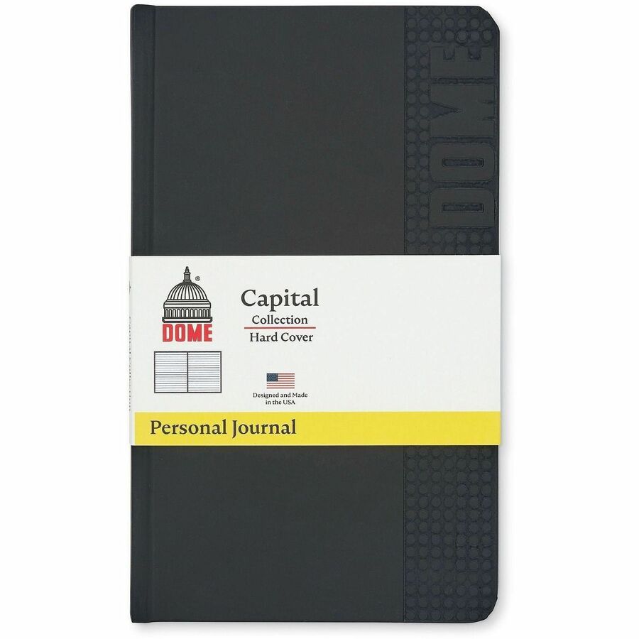 Dome Personal Journal - 5 x 8 Inch Hardcover Black Lined Journal Notebook - 192 Pages - 60 lb Basis Weight - 5" x 8" Sheet Size - Bright White Paper - Black Cover - Acid-free Paper, Bleed Resistant, Expandable Pocket, Durable, Hard Cover, Ribbon Marker...