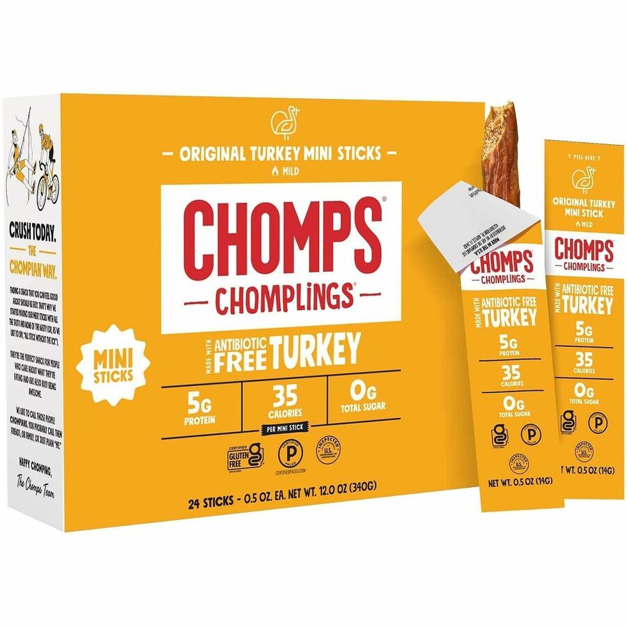 CHOMPS Chomplings Snack Sticks - Gluten-free - Original Turkey - 0.50 oz - 24 / Pack