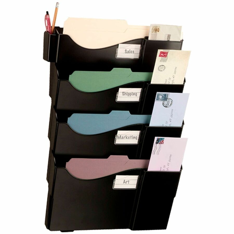 Business Source Grande Central 4-Section Filing System - 4 Pocket(s) - 27.50" Height x 16.63" Width x 4.75" Depth - Expandable, Removable, Labeling Area, Durable - Black - Plastic - 4 / Pack