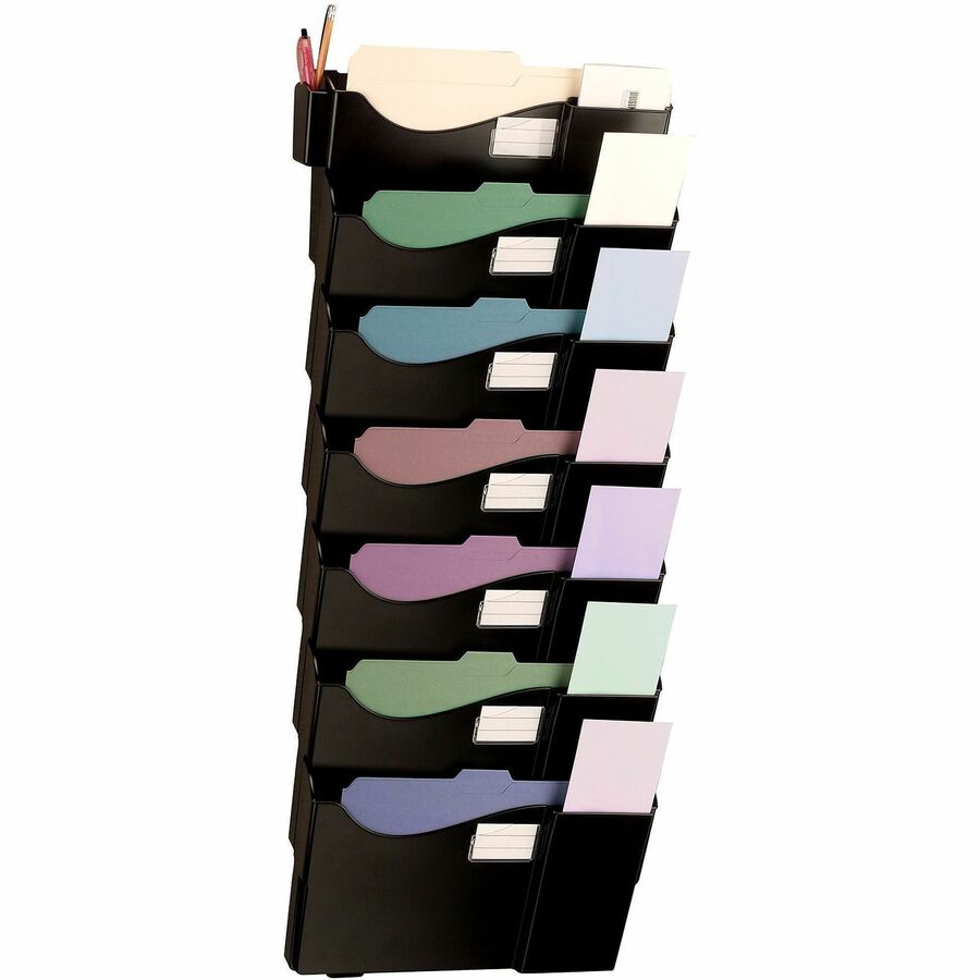 Business Source Grande Central 7-Section Filing System - 7 Pocket(s) - 38.25" Height x 16" Width x 4.75" Depth - Expandable, Removable, Labeling Area, Durable - Black - Plastic - 7 / Pack
