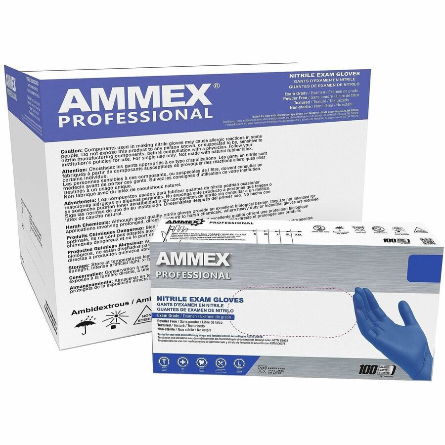 Ammex Nitrile Powder-Free Exam Gloves - 3 mil Thickness x 12.36" Glove Length - Body Fluid, Pathogen Protection - Small Size - For Right/Left Hand - Nitrile - Blue - Durable, Latex-free, Chlorinate, Ambidextrous, Non-sterile, Textured - For Healthcare...