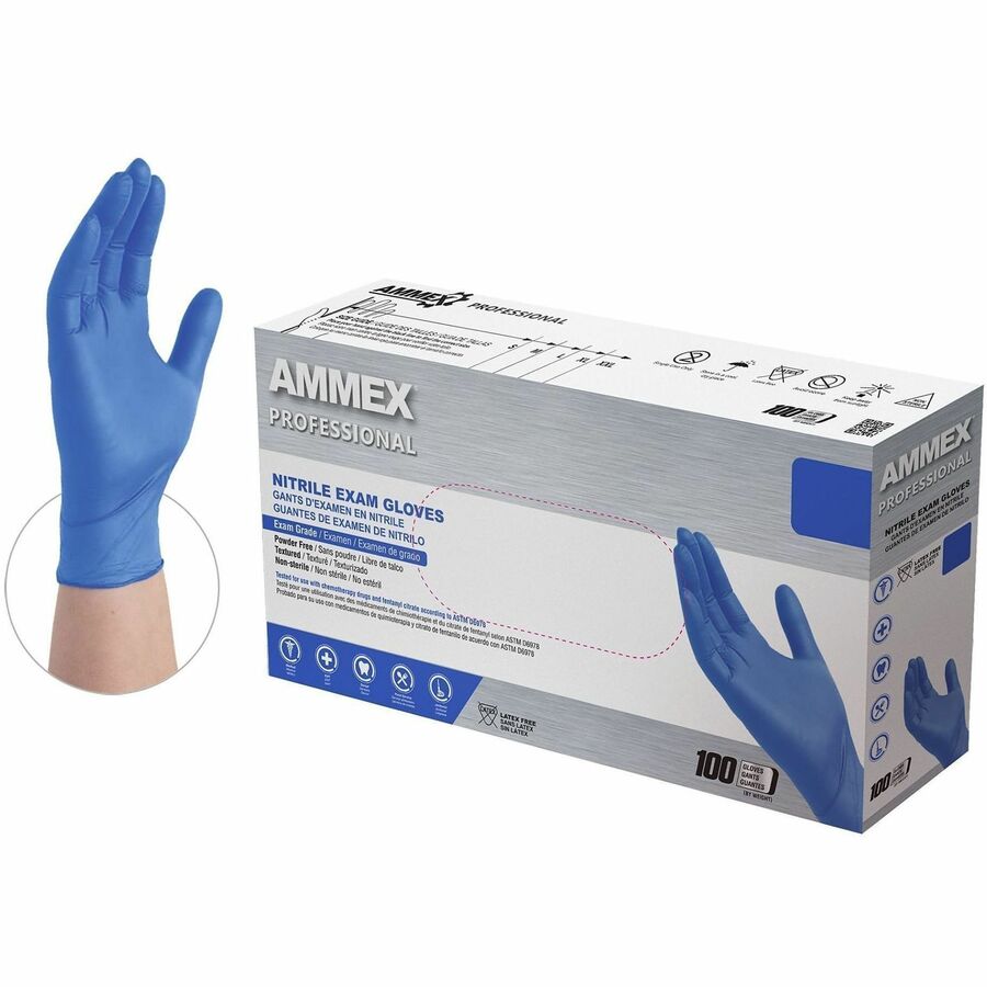 Ammex Nitrile Powder-Free Exam Gloves - 3 mil Thickness x 12.36" Glove Length - Body Fluid, Pathogen Protection - Medium Size - For Right/Left Hand - Nitrile - Blue - Durable, Latex-free, Chlorinate, Ambidextrous, Non-sterile, Textured Fingertip, Punct...
