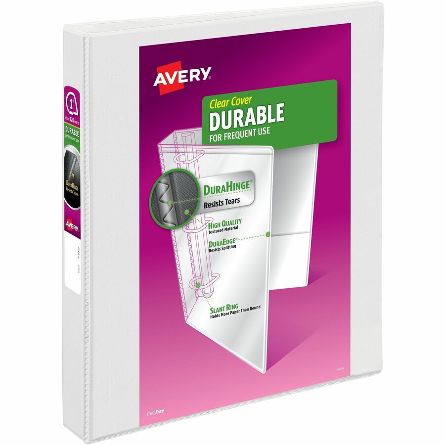 Avery&reg, DuraHinge Durable View Binder - 1" Binder Capacity - Letter - 8 1/2" x 11" Sheet Size - 250 Sheet Capacity - 1 2/5" Spine Width - 3 x 1" Ring - Fastener: Slant Ring - Pocket: 2, Internal - Linen pattern - White - Durable, Sturdy, Long Lastin...