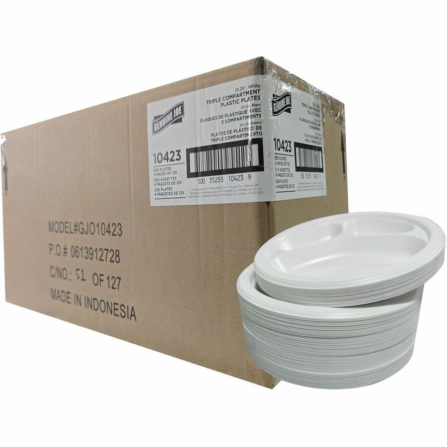 Genuine Joe 3-Compartment Plastic Plates - Breakroom, Party, Picnic, Serving, Food - Disposable - White - Plastic Body - 4/Carton - 4 / Carton