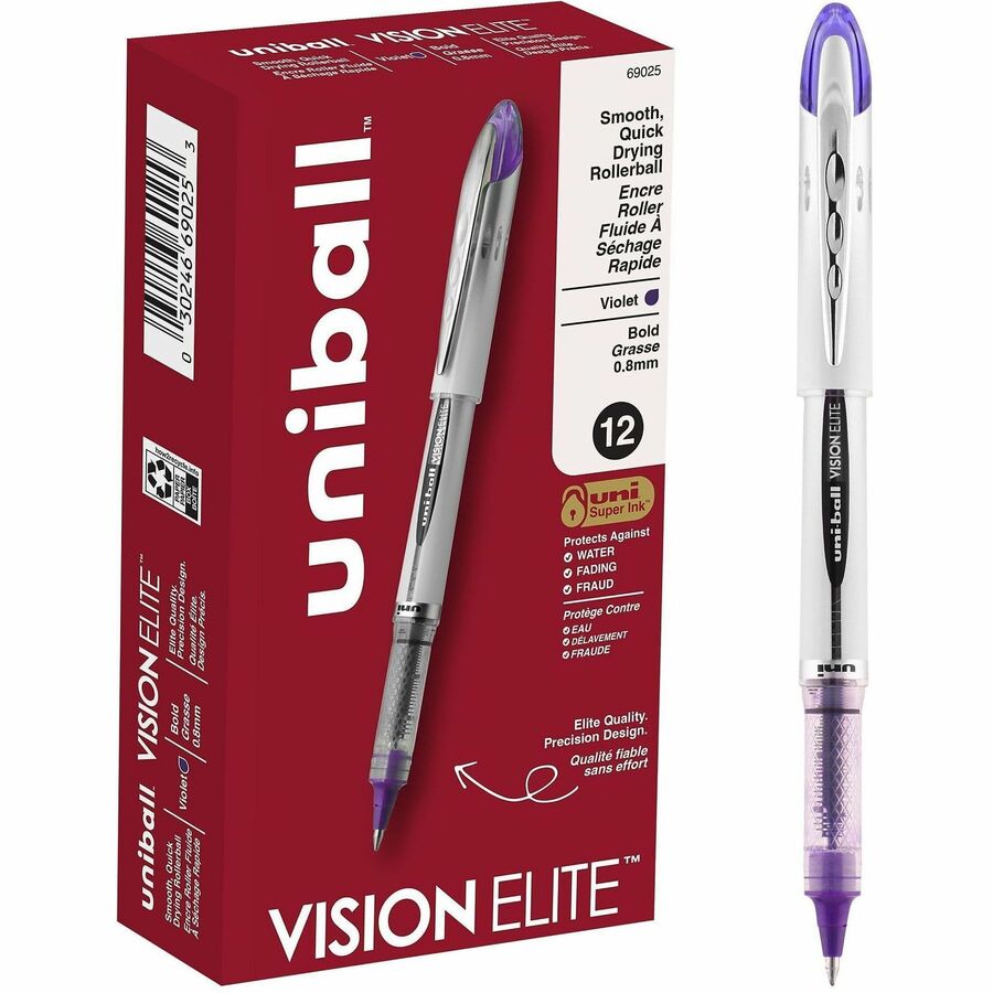uni&reg, Vision Elite Rollerball Pen - Refillable - Purple Ink - Gel-based - Stainless Steel, Tungsten Carbide Tip - Document, Project - 12 / Box