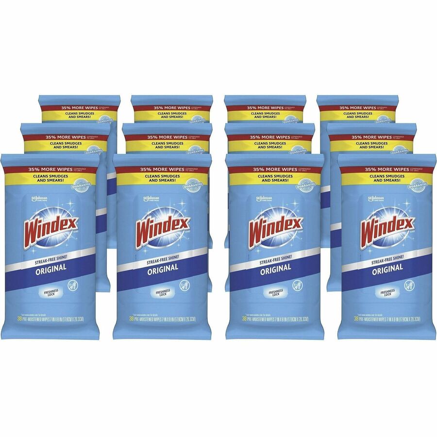 Windex&reg, Glass & Surface Wipes - For Multi Surface - Wipe - 155.20 oz (9.70 lb) to - Fresh, Pleasant Scent - Recommended For: Smear Remover, Smudge Remover - Streak-free, Pre-moistened, Drip-free - White - 38/Pack - 12 / Carton