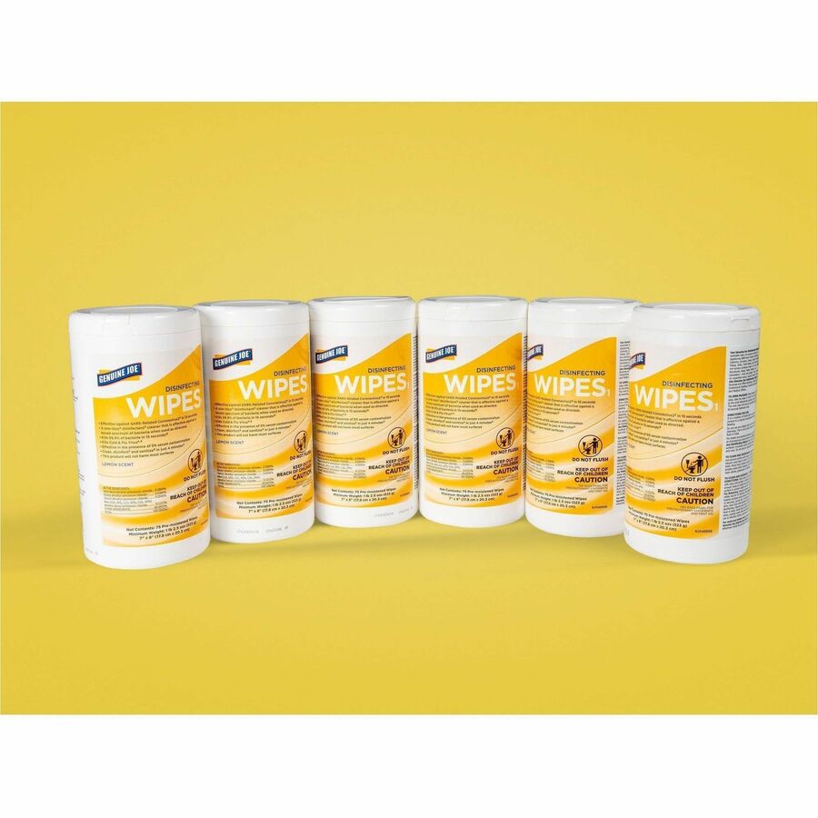 Genuine Joe Broad-Spectrum Disinfectant Wipes - For Multi Surface - Wipe - Lemon Scent - Recommended For: Bacteria Remover, Virus Remover - Yellow - 75 Wipes/Tub - 6 / Carton