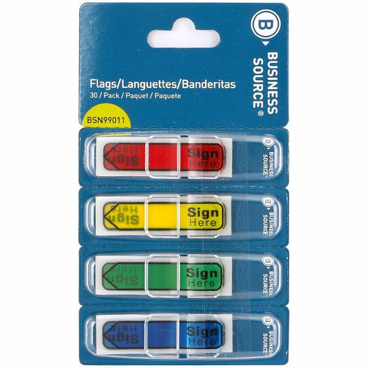 Business Source Sign Here Arrow Page Flags - 1/2" Flag/Note Width x 1 3/4" Flag/Note Length - Arrow - SIGN HERE - Multicolor - Removable, Repositionable, Pop-up, Reusable - Dispenser Included - 120 / Pack