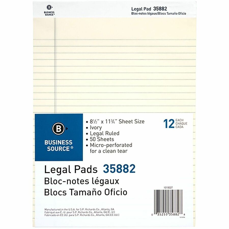 Business Source Micro-Perforated Legal Ruled Pads - 1 Subject(s) - Stapled/Tapebound - Wide Ruled, Legal Ruled Front Ruling - Ruled Margin - 16 lb Basis Weight - Letter - 8 1/2" x 11" Sheet Size - Ivory Paper - Chipboard Cover - Micro Perforated, Sturd...
