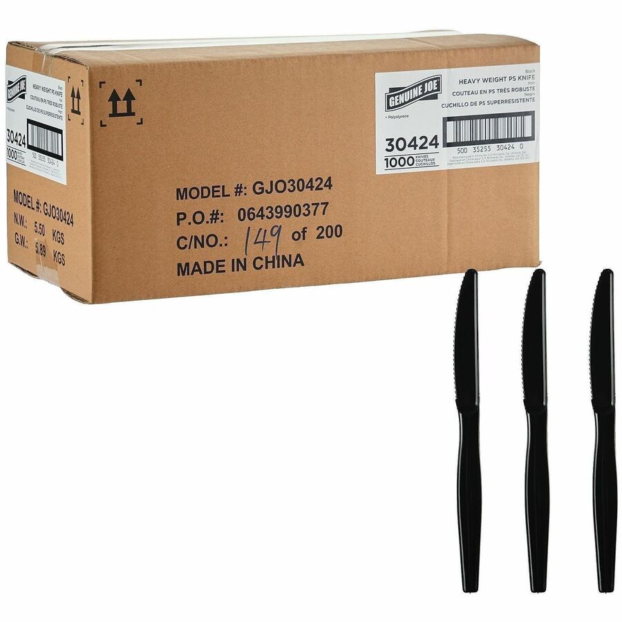 Genuine Joe Disposable Polystyrene Cutlery - Knife - Knife - Food, Cafeteria, Breakroom - Disposable - Polystyrene - Black - 1 Carton