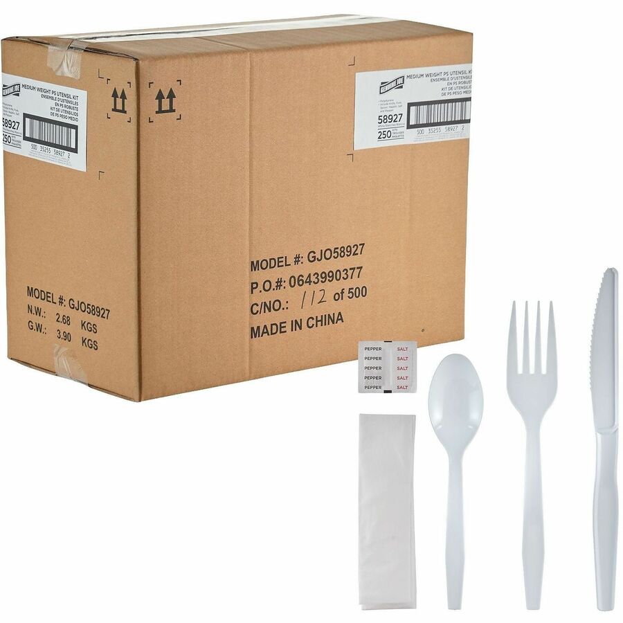 Genuine Joe 6-Piece Medium-Weight Utensil Kit - 6 Piece(s) - Cutlery Set - Spoon - Fork - Knife - Breakroom - Disposable - Polystyrene - White - 1 Carton