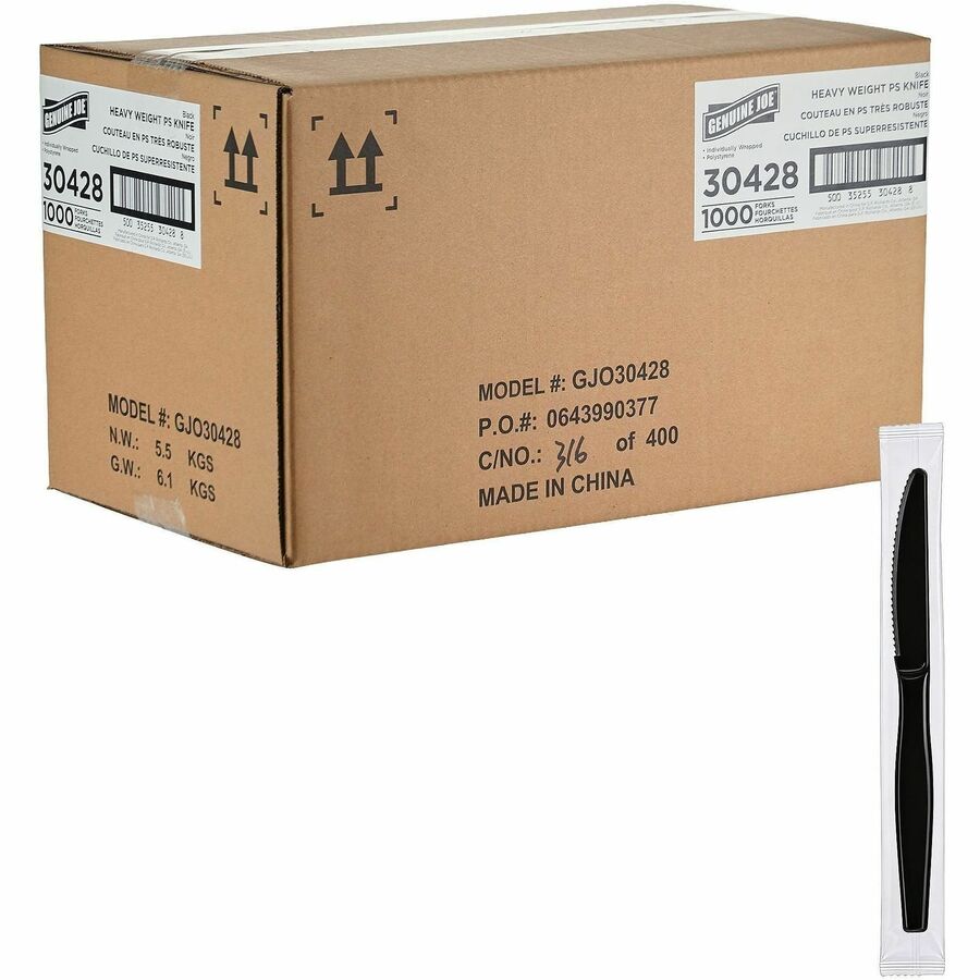 Genuine Joe Disposable Polystyrene Cutlery - Knife - Knife - Food, Cafeteria, Breakroom - Disposable - Polystyrene - Black - 1 Carton