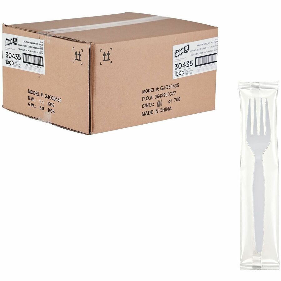 Genuine Joe Disposable Polystyrene Cutlery - Fork - Fork - Food, Cafeteria, Breakroom - Disposable - Polystyrene - White - 1 Carton