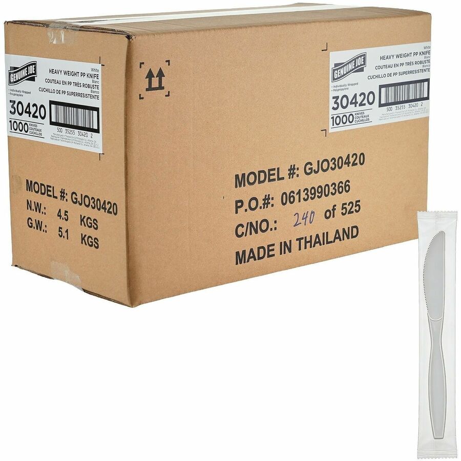 Genuine Joe Heavy-Weight Polypropylene Cutlery - Cutlery Set - Fork - Knife - Food, Cafeteria - Disposable - Polypropylene - White - 1 Carton