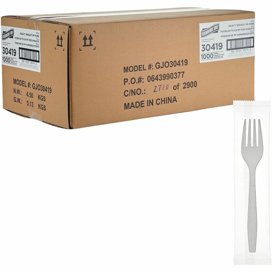 Genuine Joe Heavy-Weight Polypropylene Cutlery - Fork - Fork - Food, Cafeteria, Breakroom - Disposable - Polypropylene - White - 1 Carton
