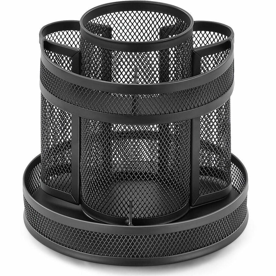 Lorell Multi-Compartment Rotating Desk Organizer - Rotate, Rubber Grip, Durable - Black - Rubber, Mesh, Metal - 1 Each