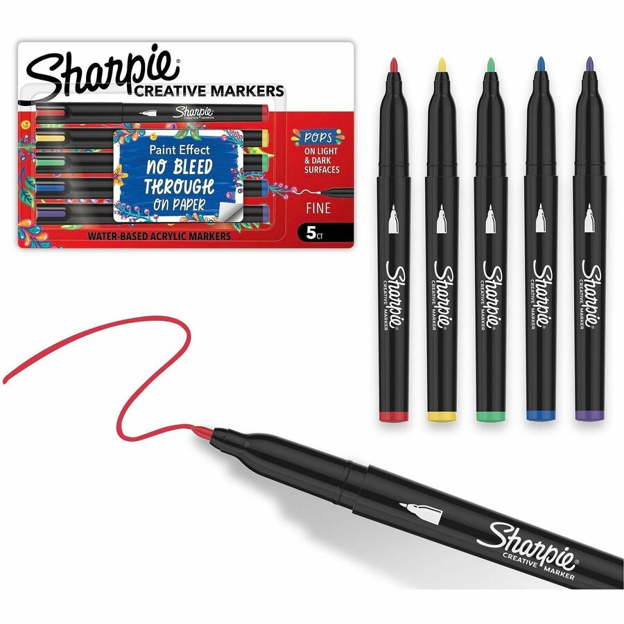 Sharpie Creative Markers - Assorted Ink - Water Based, Acrylic Based - Glass, Art, Coloring - 5 / Pack