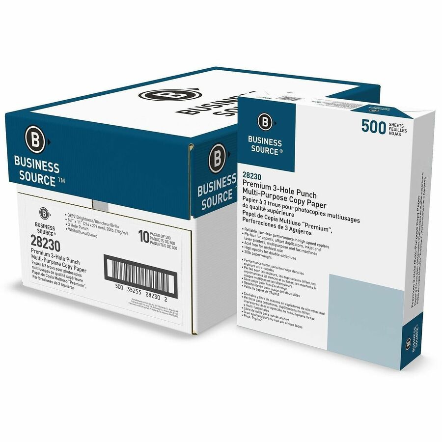 Business Source Premium Multipurpose 3-Hole Punch Copy Paper - White - 3-Hole Punched - 92 Brightness - Letter - 8 1/2" x 11" - 20 lb Basis Weight - 75 g/m², Grammage - Jam-free, Double-sided, Acid-free, Archival-safe - White - 5000 Sheets - 500 Sh...