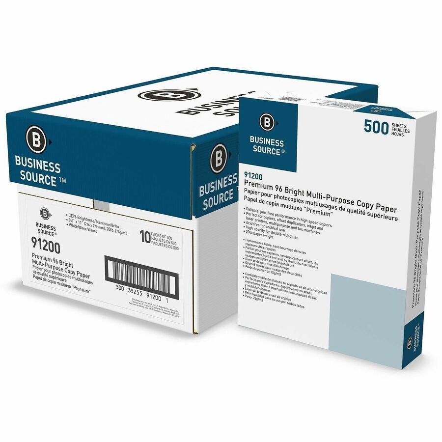 Business Source Premium Multi-purpose Copy Paper - 96 Brightness - Letter - 8 1/2" x 11" - 20 lb Basis Weight - 75 g/m², Grammage - Smooth - Jam-free, Double-sided, Acid-free, Archival-safe - White - 5000 Sheets - 500 Sheets per Ream - 10 / Carton
