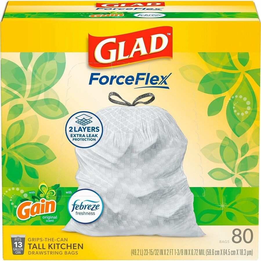 Glad Drawstring Tall Kitchen Bags - Gain Original - 13 gal Capacity - 9 mil (229 Micron) Thickness - Drawstring Closure - Yellow - Kitchen, Garbage, Office, School, Day Care, Restaurant, Hotel, Commercial - 100 Bags/Box - 3 / Carton