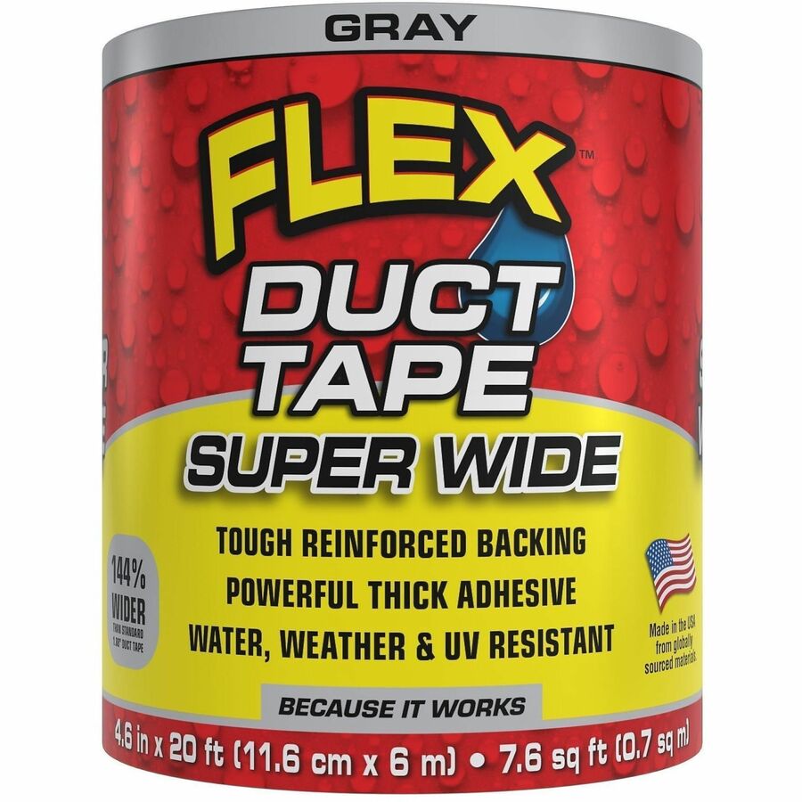 FLEX SEAL Super Wide Duct Tape - 20 ft Length x 4.60" Width - Gray - Rubber Adhesive - Water Resistant, Weather Resistant, UV Resistant - For Reinforcing, Box, Household, Repair, DIY, Sealing, Drafting, Window, Door, Furniture, Fabric, ... - 6 / Carton