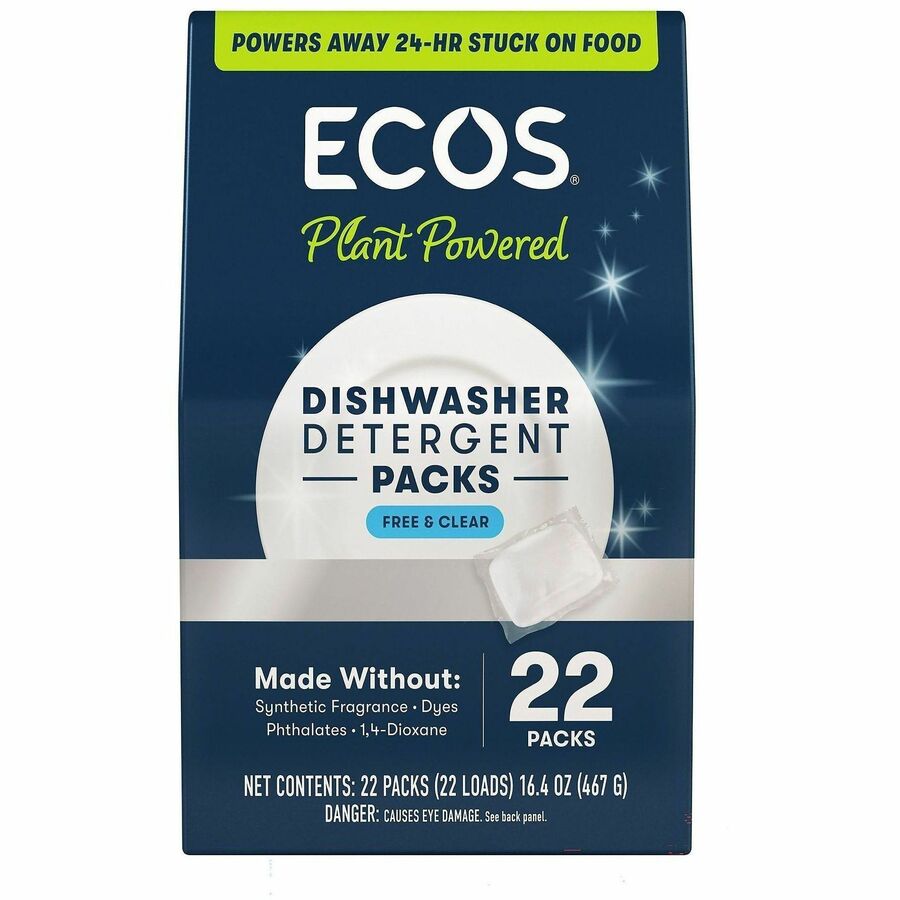 ECOS Dishwasher Detergent Packs - For Dishwasher - Powder - Free & Clear Scent - Recommended For: Food Remover, Grease Remover, Grime Remover, Stain Remover - No-rinse, Dye-free, Phthalate-free, Cruelty-free - White - 22 Packs/Box - 6 / Carton