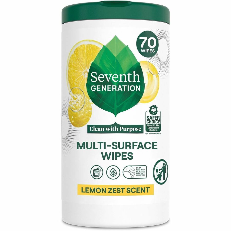 Seventh Generation Multipurpose Wipes - For Multipurpose - Wipe - Lemon Zest Scent - Versatile, Bio-based - Clear - 70 Wipes/Tub - 6 / Carton