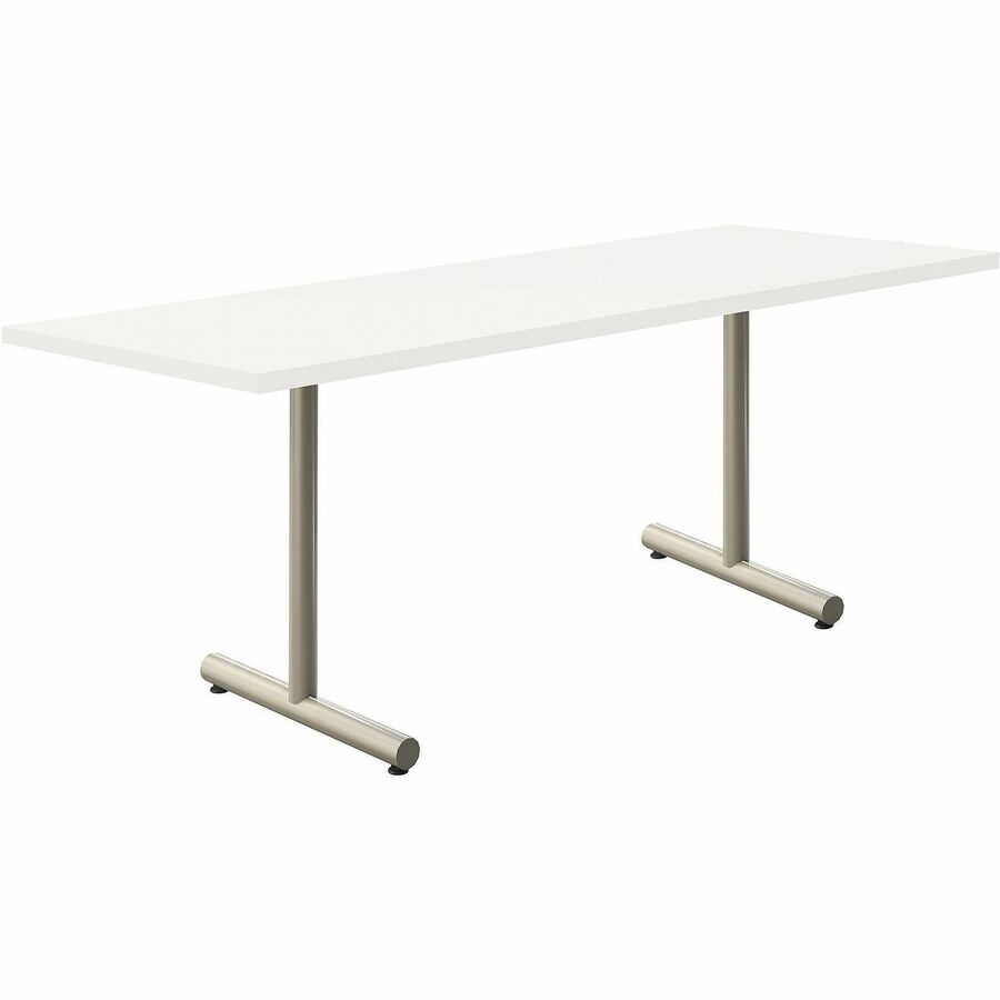 Acacia Collection Table Desk - Frosty White Top - Silver T-shaped, Powder Coated Base - 24" Table Top Width x 72" Table Top Depth x 1.10" Table Top Thickness - 30" Height - Assembly Required - High Pressure Laminate (HPL) Top Material - Steel Base Mate...
